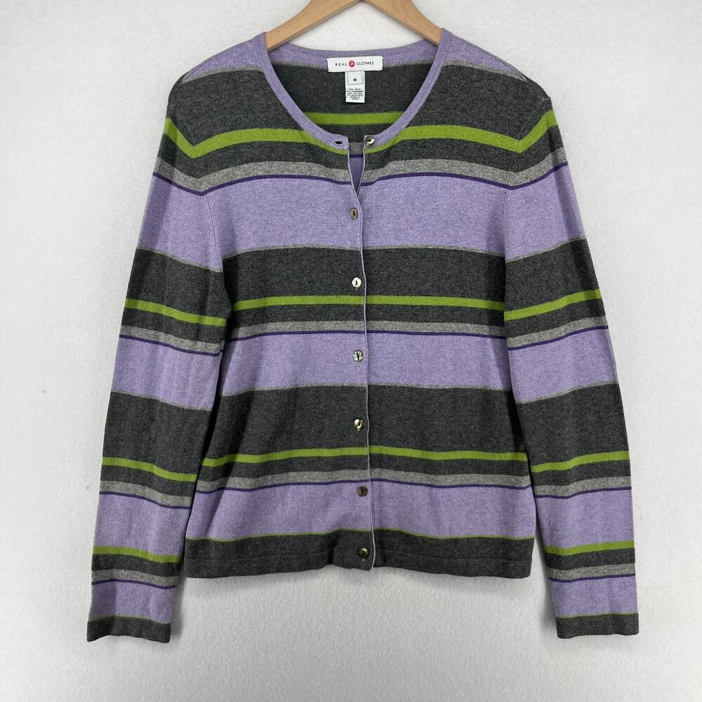 REAL CLOTHES Cardigan Womens M Silk Cashmere Blend Striped Button Up Purple